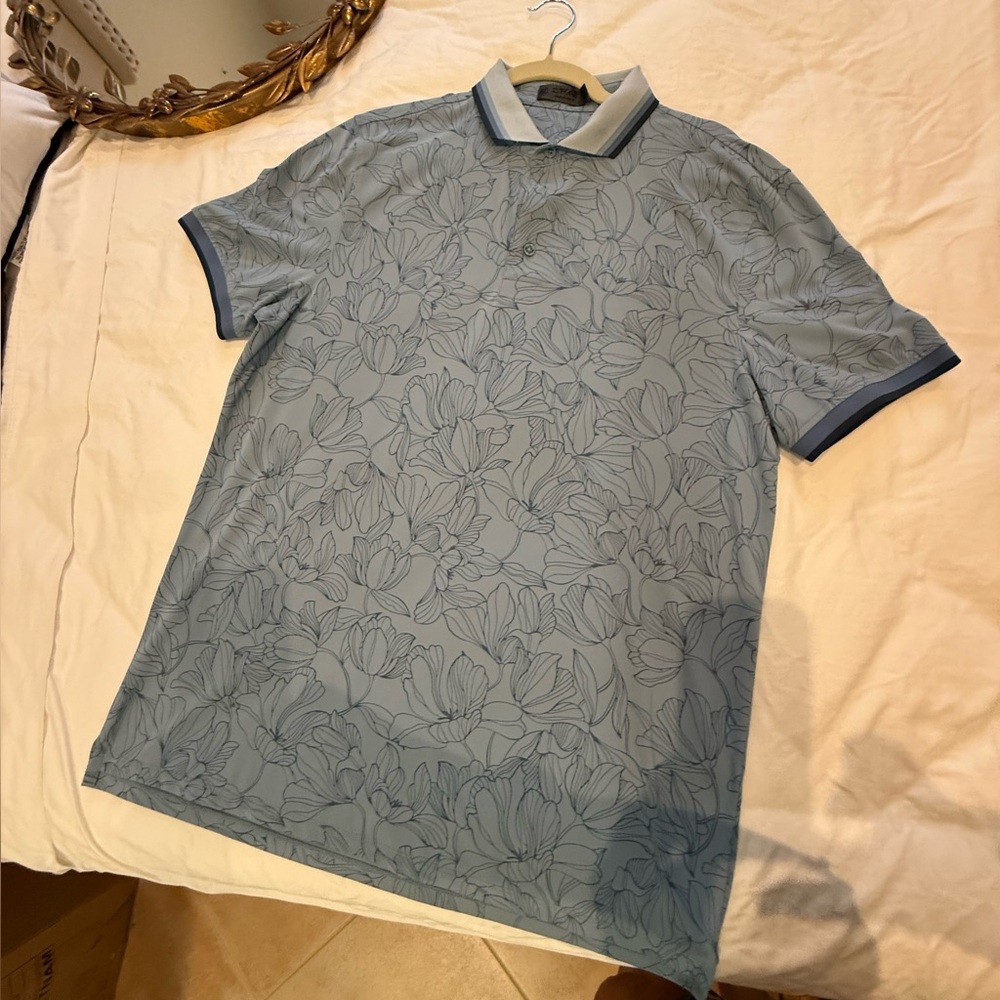 G/FORE Light Blue Floral Polo with Navy Trim